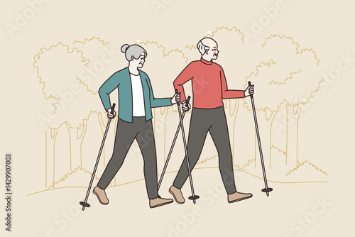 Nordic walkers stroll through a sketched forest enjoying the fresh air and camaraderie