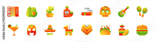 Set of cinco de mayo icons. 16 sets of cinco de mayo icons. Cinco de mayo icons. Simple color cinco de mayo icons	
