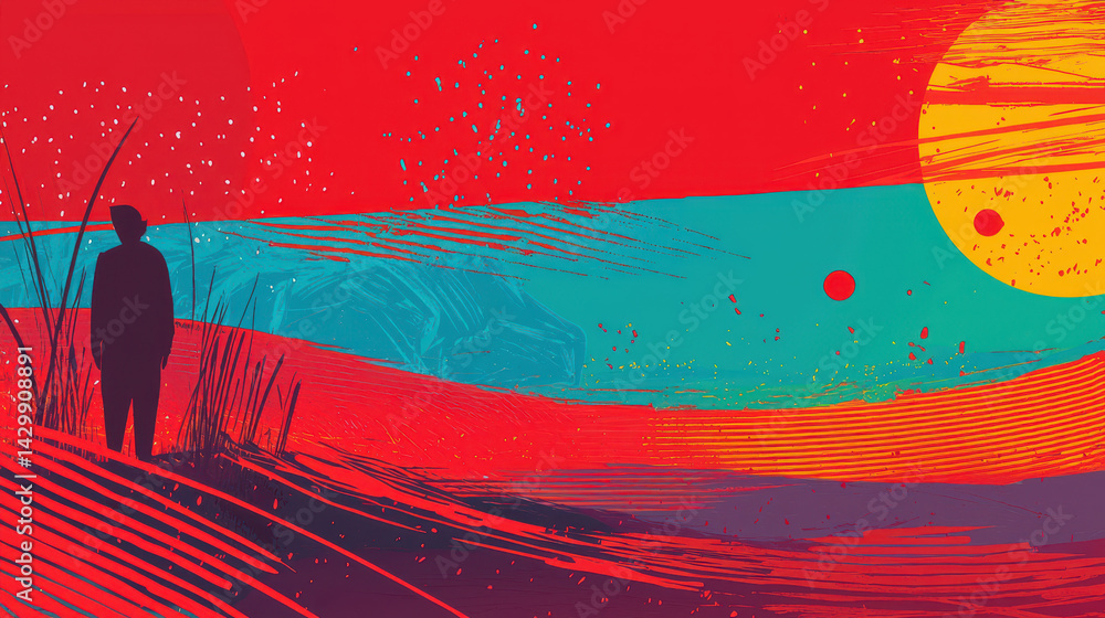 Fototapeta premium Artistic abstract landscape scene featu a solitary person in nature with vibrant colors and bold brushstrokes in a modern illustration style