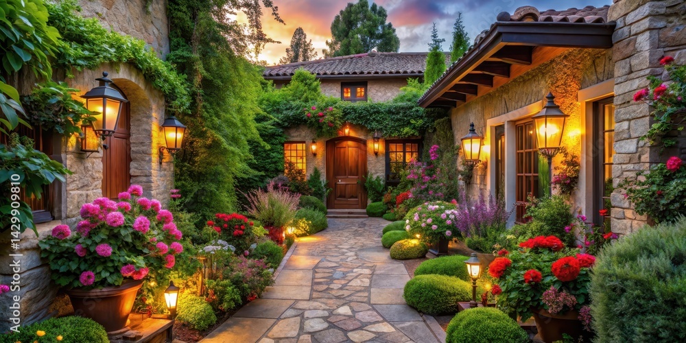 Fototapeta premium Evening ambiance of a charming stone house courtyard, illuminated by warm lamplight, showcasing a lush and vibrant floral garden with a stone pathway leading to a wooden door.