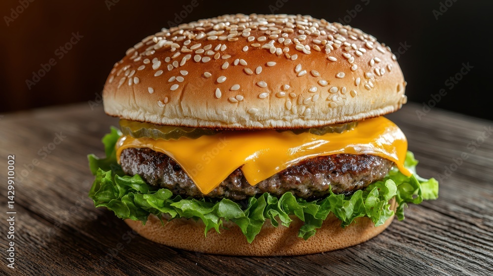 Close-up of Juicy Cheeseburger with Cheddar Cheese and Fresh Lettuce on Wooden Surface Close-up of Juicy Cheeseburger with Cheddar Cheese and Fresh Lettuce on Wooden Surface