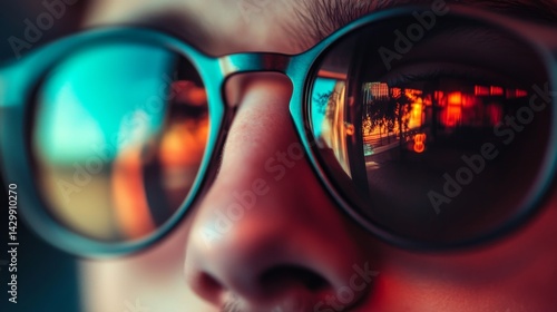 Wallpaper Mural Close up of a person wearing sunglasses, reflecting a city lights at night Torontodigital.ca