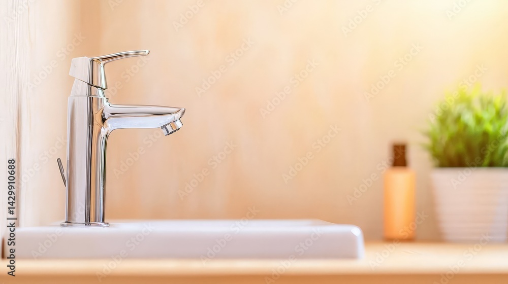 A sleek, modern faucet sits on a white sink, complemented by a small green plant and a bottle in the background, creating a clean and fresh aesthetic.