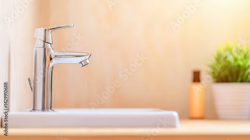 Obraz na płótnie A sleek, modern faucet sits on a white sink, complemented by a small green plant and a bottle in the background, creating a clean and fresh aesthetic. w salonie