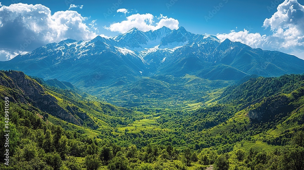 Majestic Snowcapped Mountains and Verdant Valley Landscape Majestic Snowcapped Mountains and Verdant Valley Landscape