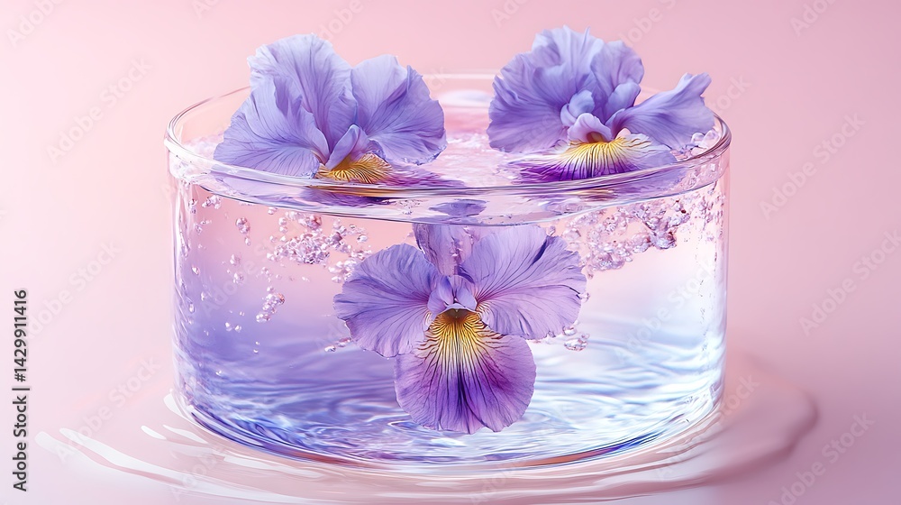 Lilac flowers in water, delicate beauty, glassy bowl, soft pink background, still life, for a cosmetics, wellness or spa product Lilac flowers in water, delicate beauty, glassy bowl, soft pink background, still life, for a cosmetics, wellness or spa product