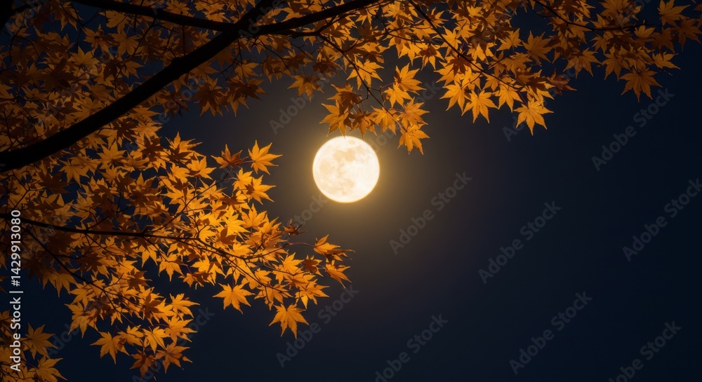 Naklejka premium Full moon shining through yellow autumn maple leaves