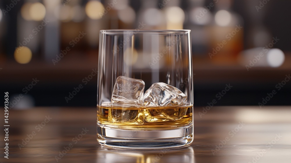 Crystal Clear Whiskey Glass with Ice Cubes on a Wooden Countertop in a Distant Bar Setting Crystal Clear Whiskey Glass with Ice Cubes on a Wooden Countertop in a Distant Bar Setting