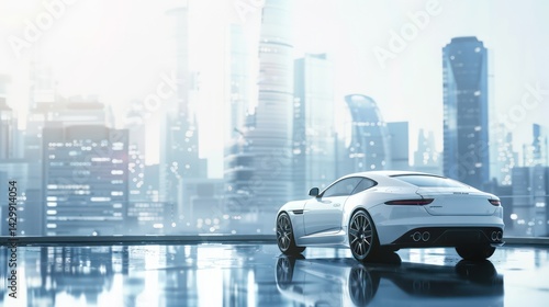 Illustrate a modern car parked in an urban environment, with tall buildings or cityscape in the background, offering plenty of space for adding promotional messages or branding. white scene.