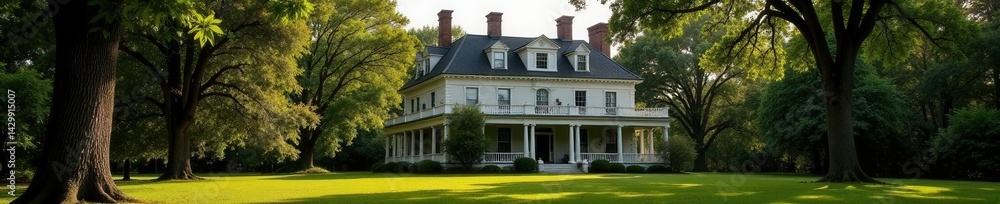 Naklejka premium Grand antebellum home, meticulously preserved , green, landscape, doors