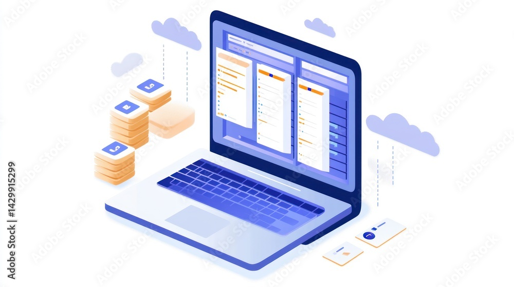 Isometric illustration depicting cloud data management and computer interaction Isometric illustration depicting cloud data management and computer interaction