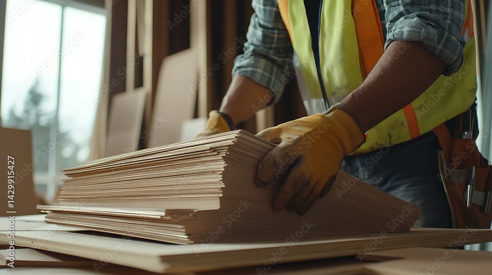 Construction Worker Handling Plywood Sheets Construction Worker Handling Plywood Sheets