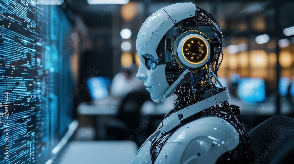 Fototapeta premium A futuristic humanoid robot with intricate circuitry, focusing on data analysis.