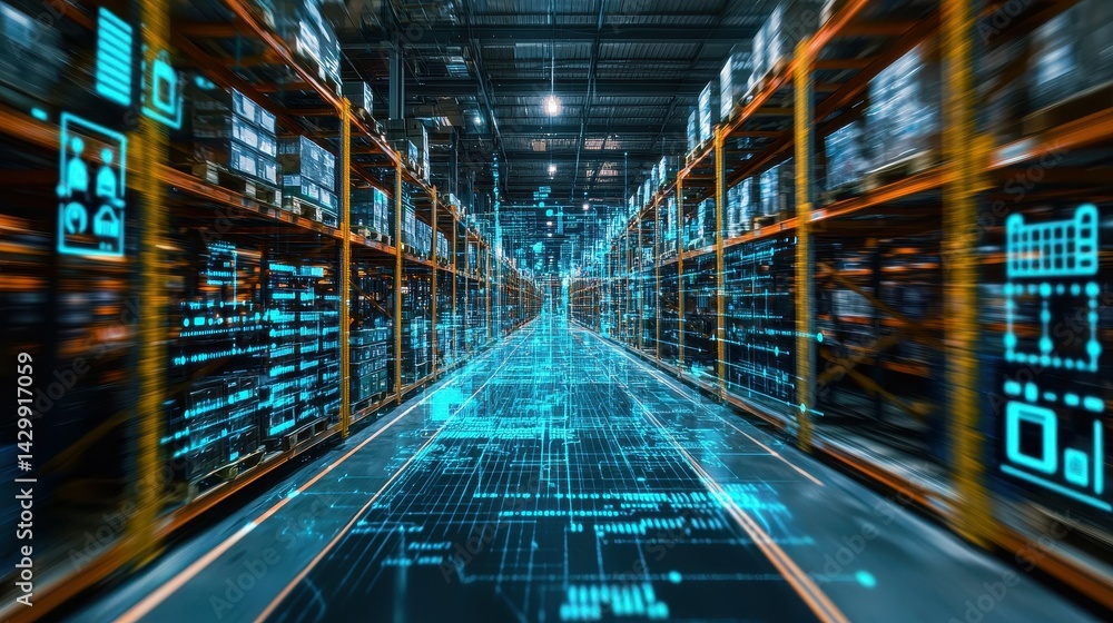 Fototapeta premium Futuristic warehouse with digital data overlay and organized shelves.
