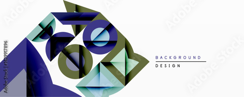 Abstract geometric composition. Overlapping shapes create dynamic visual effect. Blue, green hues dominate design. Minimalist style, modern aesthetic. Clean lines, crisp edges define forms.