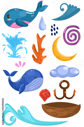 Cute blue whale and underwater animal themed sticker sheet