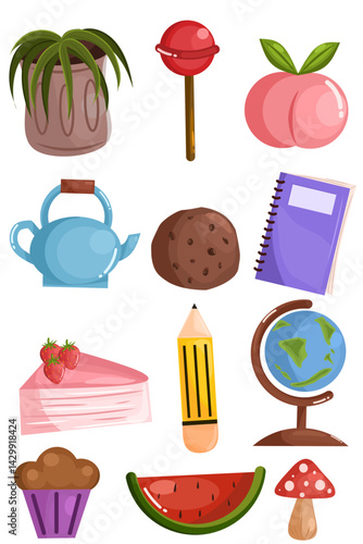a series of icons illustrating cute back to school clipart and vintage furniture