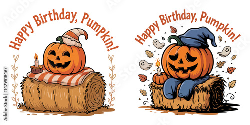 Cute Pumpkin Birthday Illustration with Hat and Hay Bale for Fall Celebrations