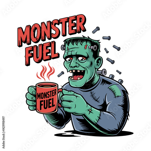 Frankenstein Monster with Coffee Cup – Comic Halloween Illustration