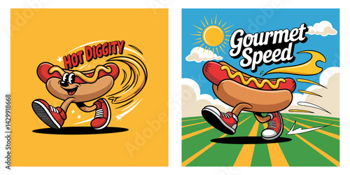 Funny Running Hot Dog Characters with Speed and Style Vector Set