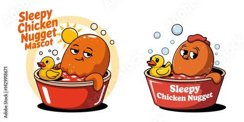 Funny Sleepy Chicken Nugget Cartoon Mascot Relaxing in Sauce Bowl