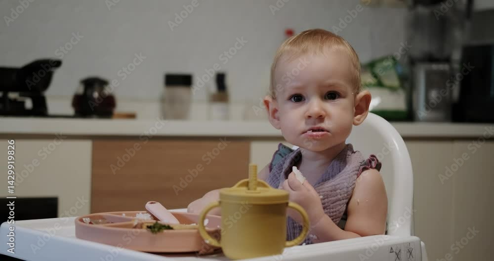 A little girl toddler is sitting on a high chair and eating a cracker. She plays with the cracker imagining that it is an airplane that flies into her mouth and bites is off. The baby plays with food A little girl toddler is sitting on a high chair and eating a cracker. She plays with the cracker imagining that it is an airplane that flies into her mouth and bites is off. The baby plays with food