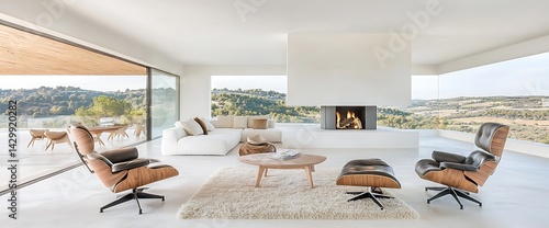 Modern living room with a fireplace, chairs, rug, and a scenic outdoor view