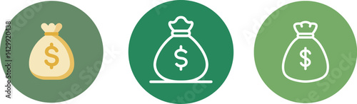 A cartoon hand holding a money bag with a bold dollar sign symbolizing savings finance wealth investment and economic success.	