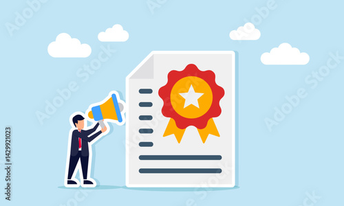 businessman holding a megaphone standing next to a paper labeled with a medal, illustration of education and socialization related to product standards and work systems