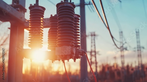 Sunset over power substation equipment