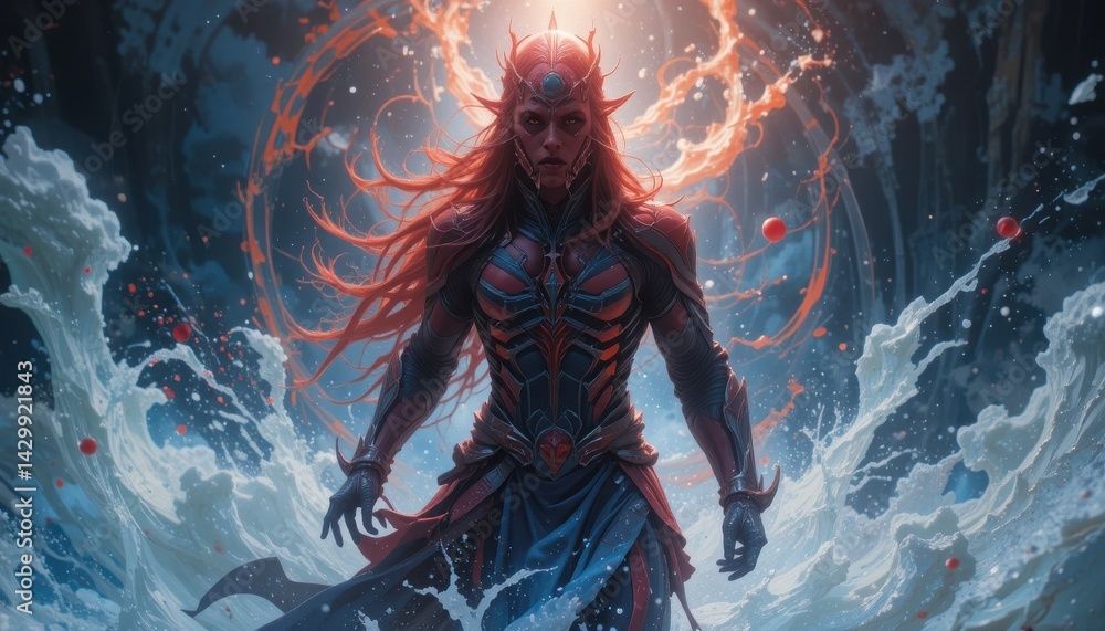 Obraz premium Woman with Red Hair and Fantasy Armor Standing in Storm