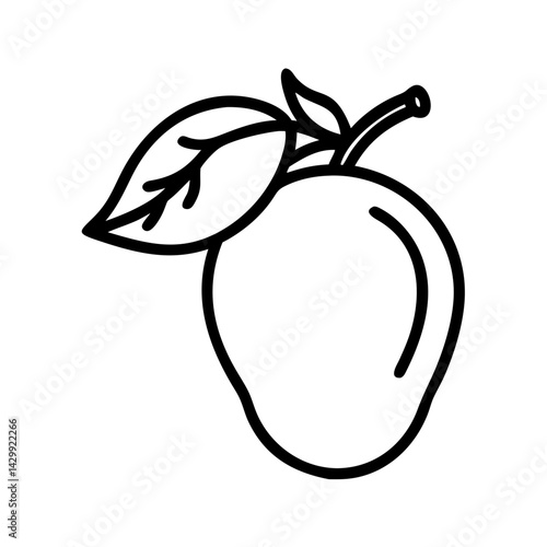 Black and White Mango Fruit with Leaves Outline, Vector Art