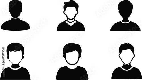 Simple black silhouette profile icons of different male and female headshots representing anonymity users avatars and basic identity illustrations.	