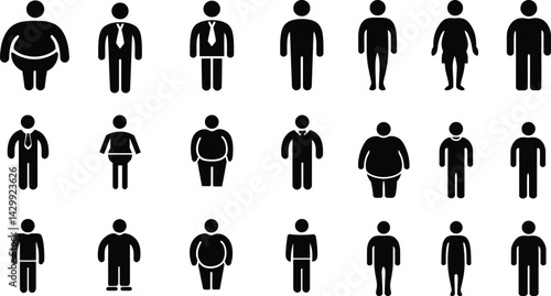 A Set of simplified male and female icons showing population distribution statistics and demographic data in visual black pictogram style.	