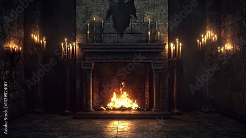 Dark, ancient fireplace bathed in flickering candlelight.