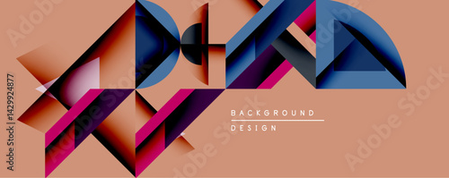 Abstract geometric composition. Bold shapes create dynamic visual effect. Warm peach background complements cool blue, purple hues. Modern design element.