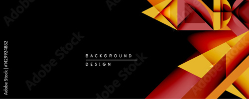 Abstract geometric design features vibrant orange, red, gold gradients. Shapes overlap creating dynamic visual interest against dark backdrop. Modern, stylish presentation.
