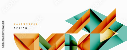 Abstract geometric design. Overlapping shapes create dynamic composition. Warm orange, cool teal, dark shades present modern aesthetic. Minimalist background enhances visual impact.