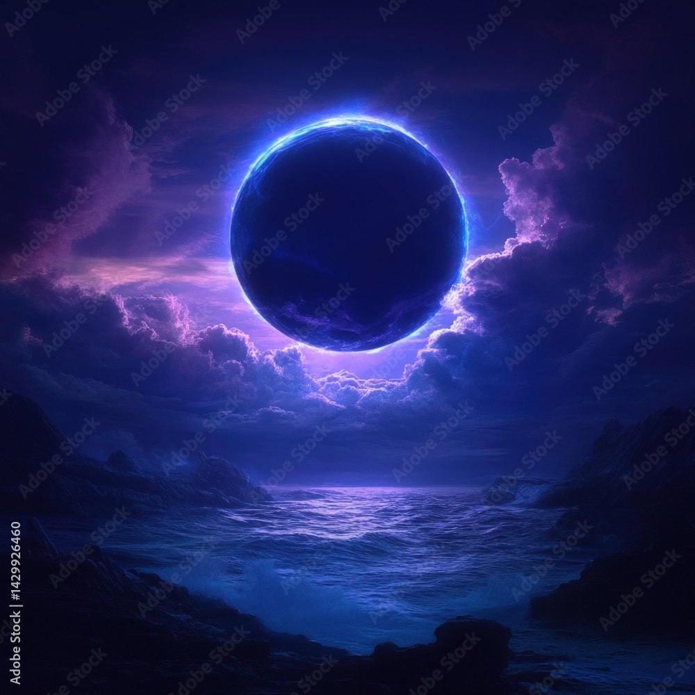 Cosmic Eclipse Over a Misty Shore Cosmic Eclipse Over a Misty Shore