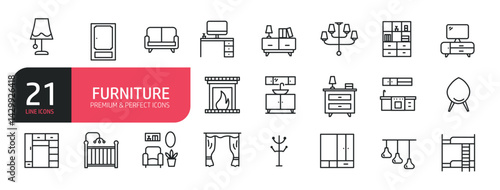 Set of line icons related to furniture, kitchen, sofa, living room, table. Outline icons collection. Editable stroke. Vector illustration.