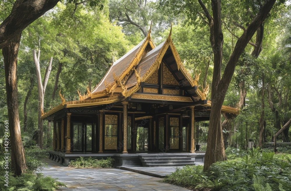 A grand Thai pavilion in Ayutthaya, intricate golden roof details, A grand Thai pavilion in Ayutthaya, intricate golden roof details,