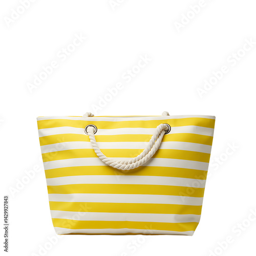 Bright yellow and white striped tote bag with rope handles, set against a clean background, ideal for summer outings