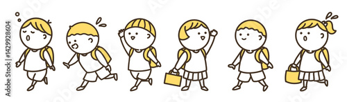 登校、下校している子供たちのシンプルイラスト