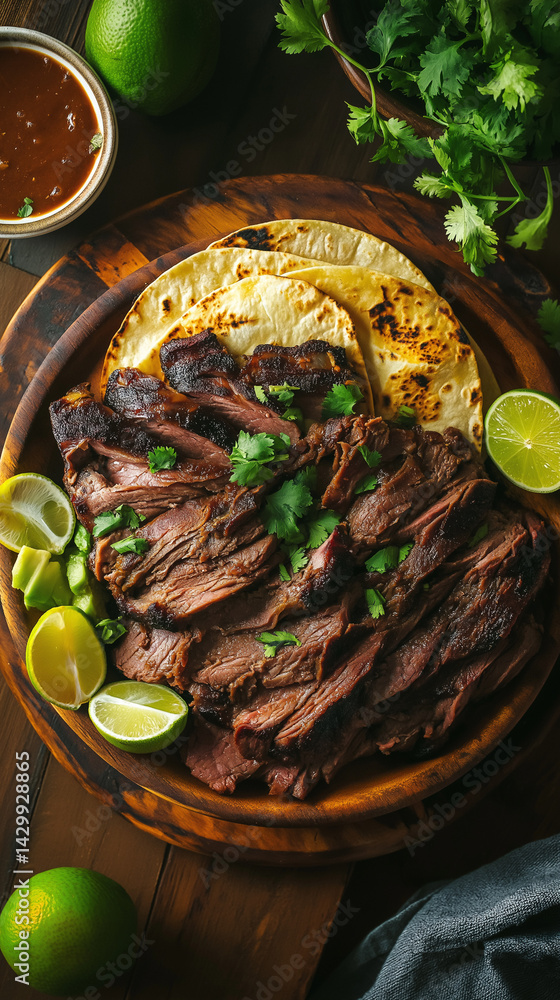 Vertical carne asada with tortillas, avocado and limes