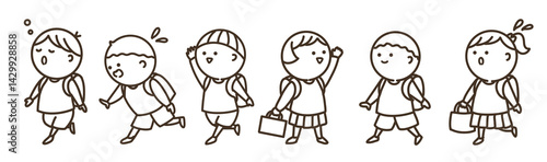 登校、下校している子供たちのシンプルイラスト　線画