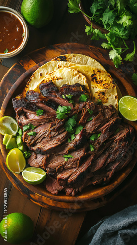 Obraz na płótnie Vertical carne asada with tortillas, avocado and limes w salonie