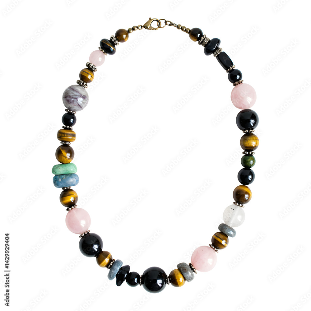 Obraz premium Colorful gemstone necklace featuring various natural stones, elegantly displayed against a plain background, ideal for jewelry promotion