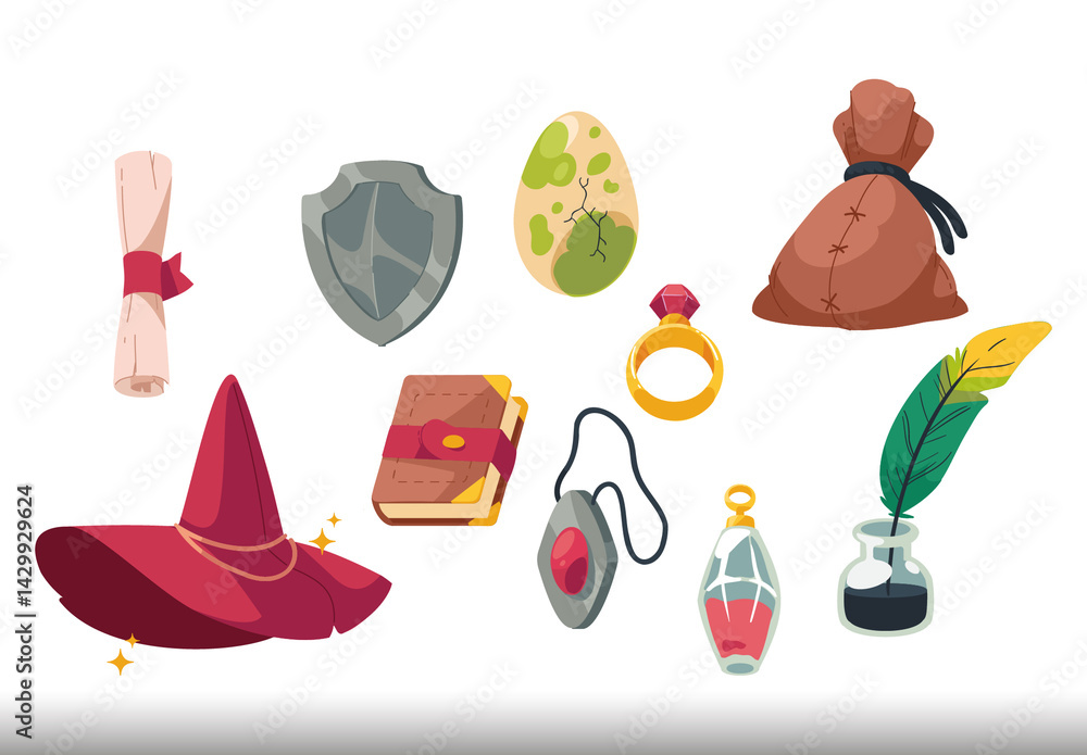 Colorful Fantasy Magical Objects Illustration Set Stock Template ...