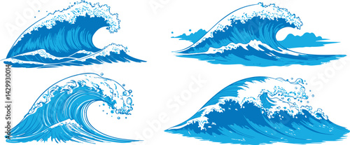Four Stylized Ocean Wave Illustrations