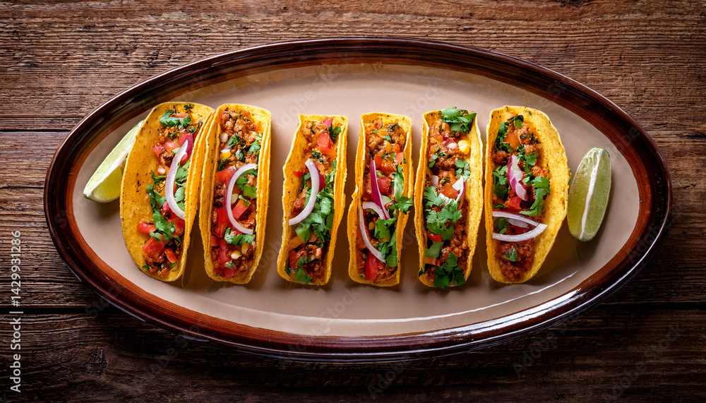 A mouthwatering display of tacos, brimming with fillings, artfully arranged on a platter for a meal A mouthwatering display of tacos, brimming with fillings, artfully arranged on a platter for a meal